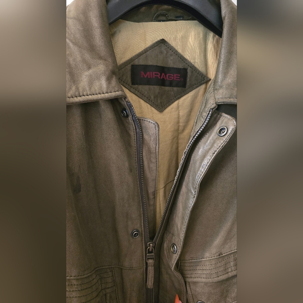 Men's Olive Green Heavy Leather Jacket - Picture 2 of 11